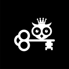 Owl with key and crown icon isolated on black background