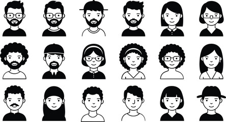 Diverse group of black and white cartoon people avatars with various hairstyles and accessories icon
