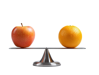 An apple and an orange balanced on a scale