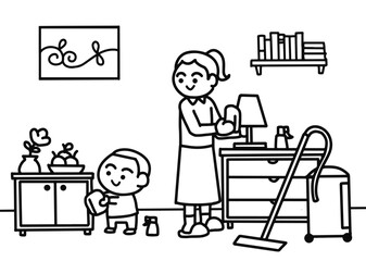 The boy helps his mother clean the house.