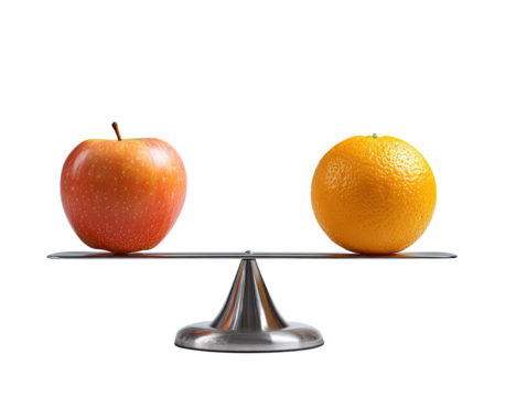 An apple and an orange balanced on a scale