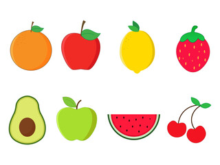 Colorful fruit flat illustration. Strawberry, orange, watermelon, avocado, apple, lemon, cherry