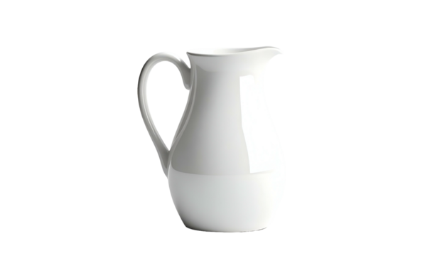 White ceramic pitcher with handle and curved spout on black ground