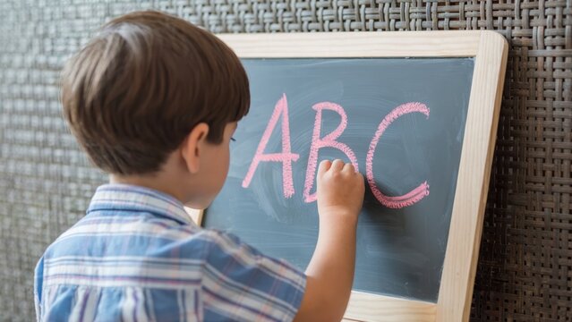 Little boy joyfully learns his ABCs on a chalkboard, sparking creativity and early childhood development