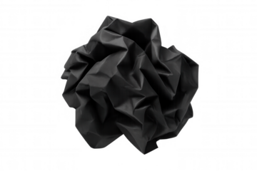 Crumpled black paper ball representing mistake, failure, waste, and recycling concept with textured surface on transparent background