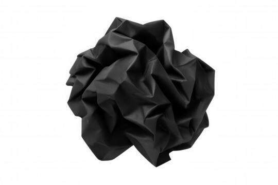 Crumpled black paper ball representing mistake, failure, waste, and recycling concept with textured surface on transparent background