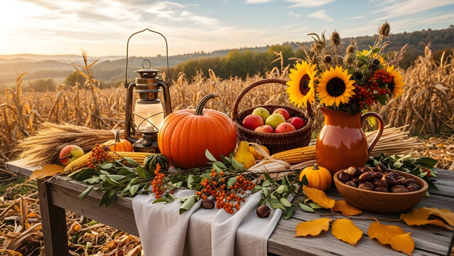 Golden Hour Autumn Harvest Table in a Corn Field at Sunset