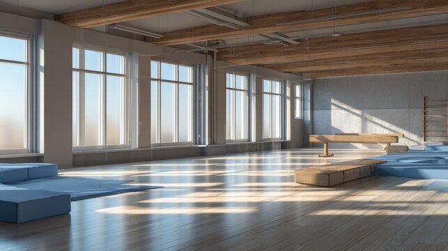 Bright empty gymnastics hall with large windows and sunlight streaming across wooden floor