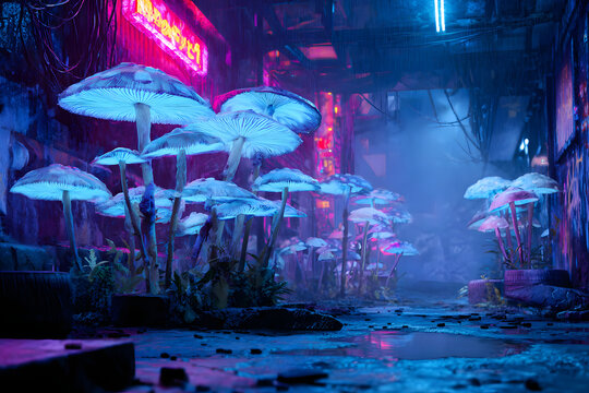 neon bioluminescent mushrooms glowing under rain in a futuristic cyberpunk alley scene