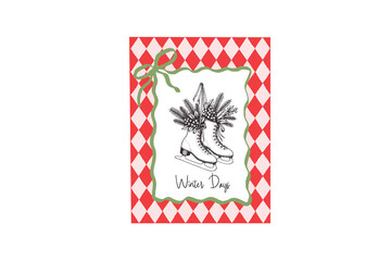 Winter Days" Vintage Ice Skates with Pine Branches Holiday Card  Illustration Sublimation Design