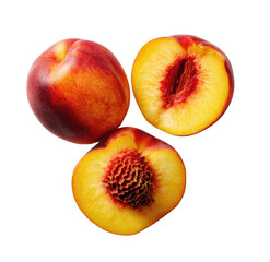 Three peaches, two whole and one halved, arranged in a loose triangle.  Ripe, vibrant colors