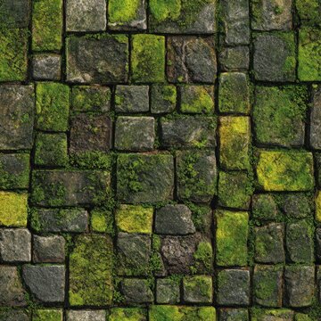 Highly detailed seamless texture of mossy cobblestones ideal for fantasy RPG dungeon floors