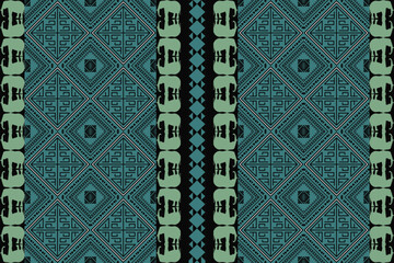 Ethnic geometric pattern with traditional diamond motifs and elephant silhouettes in teal and black tones. Inspired by Thai and Lao tribal textiles, this seamless design blends cultural heritage with 