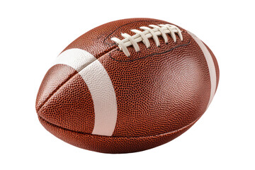 Close-up of a brown American football.  Stitched leather, white stripes