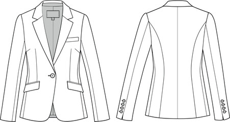 Front and back view flat sketch of a white women's blazer with button detail jacket women's clothing