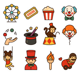 Circus stickers include a magic hat, fire, a circus ticket, clowns, balloons, popcorn, a monkey, and a magician. Flat vector style 