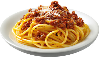 A plate of spaghetti with meat sauce.  Generous portion of cooked pasta, covered in a rich, reddish-brown sauce.  Topped with grated cheese