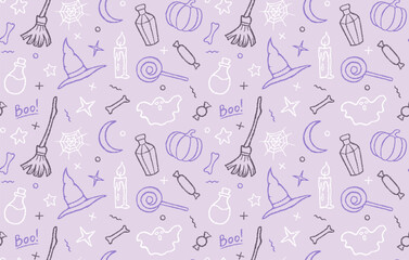 Halloween seamless pattern with crayon pumpkin, ghost, broom and witch hat. Background with cute sketch candle, spider web, magic potion with chalk texture, vector hand drawn illustration