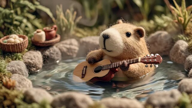Animated capybara playing guitar in a relaxing pool environment with lush vegetation