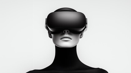 Ai-generated futuristic woman wearing virtual reality headset in minimalist monochrome style