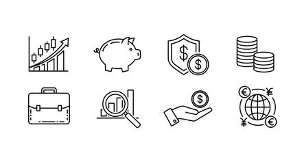 Hand drawn finance icons representing growth investment savings money and global business concepts vector
