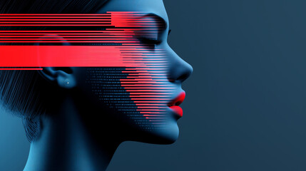 Ai-generated futuristic digital face with red data lines symbolizing artificial intelligence and human connection