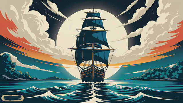 Sail into adventure with this classic sailing ship against a stunning moonlit seascape backdrop perfect for travel ads