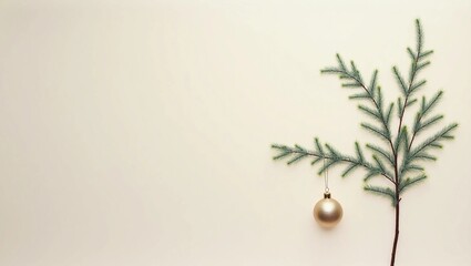 A luxuriously minimalist Christmas scene, the isolated pine branch gracefully adorned with a glistening bauble against a serene neutral background