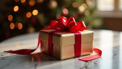 A luxuriously adorned gift box adorned with a silky ribbon rests elegantly on a sleek marble table. In this exquisite Christmas-themed photograph