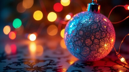 A mesmerizing close-up of a shimmering Christmas bauble reflecting the warm glow of office lights, captured in a stunning photograph