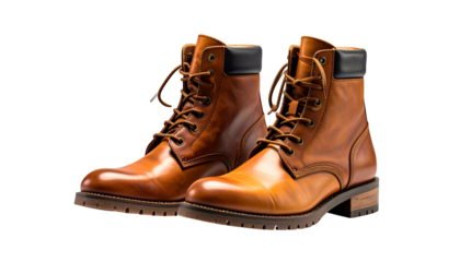 Pair of laced brown leather boots on black background, angled view