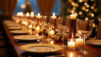 A sumptuously arranged Christmas dinner table in a luxurious restaurant, adorned with flickering candles and opulent golden decor