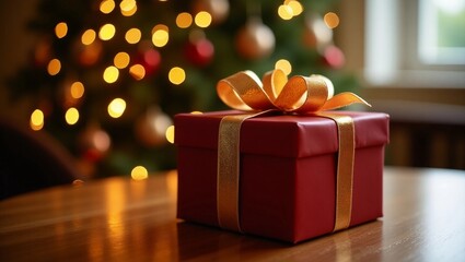 A sumptuously adorned gift box with gleaming golden ribbons sits elegantly atop a polished wooden table, enveloped in a soft blur of festive Christmas lights in the background.