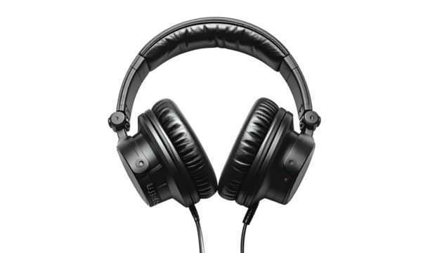 Frontal view of black over-ear headphones on dark backdrop