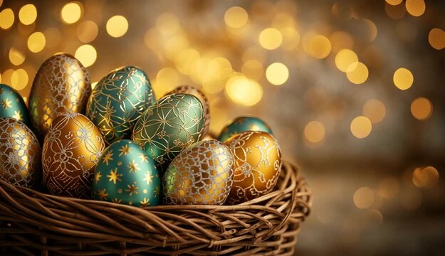 wicker basket filled with luxurious golden and emerald green Easter eggs, some with intricate golden patterns. The eggs have a shimmering, metallic finish
