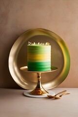 Stylish Citrus and Matcha Cake on a Golden Stand, Contrasting Background