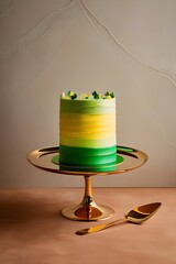 Vibrant Green and Yellow Layered Cake on a Gold Pedestal, Creative Still Life