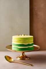 Vibrant Green and Yellow Layered Cake on a Gold Pedestal, Creative Still Life
