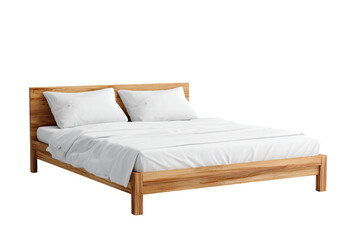 Light-colored wooden bed with white linens