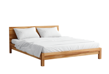 Light-colored wooden bed with white linens