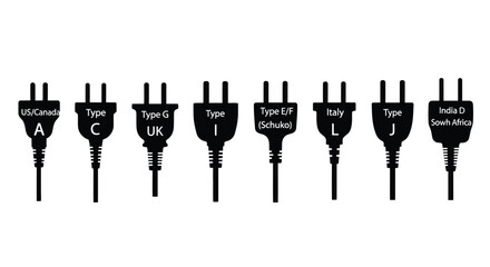 Collection of diverse electrical plugs representing global power connectivity options vector