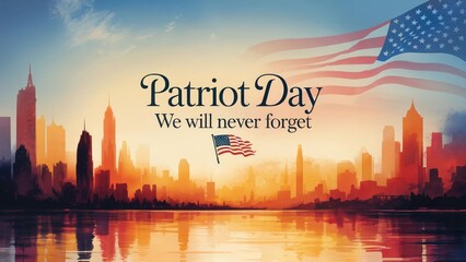 Remembering Patriot Day over a city skyline with the American flag reflecting on the water at sunset