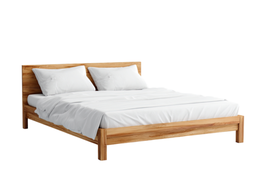 Light-colored wooden bed with white linens