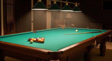 Elegant billiard room with green pool table and cue under warm lighting