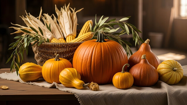 Rustic Autumn Still Life with Pumpkins, Gourds, and Corn in Warm Light