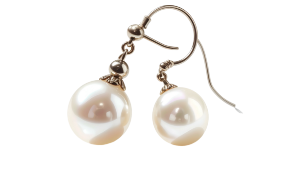 Two pearl drop earrings on silver hooks against a dark background