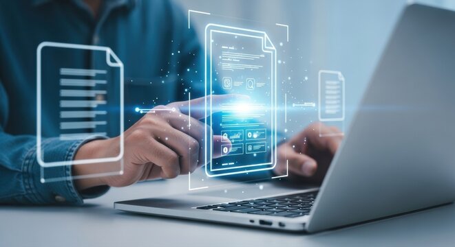 Man using laptop with digital document interface for document management and workflow automation system