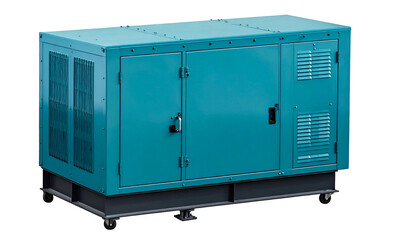 Teal metal enclosure with vent-grills, doors, and a handle, mounted on a wheeled base