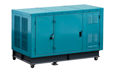 Teal metal enclosure with vent-grills, doors, and a handle, mounted on a wheeled base