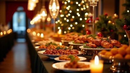 At a festive corporate gathering, a meticulously arranged Christmas buffet awaits guests at elegantly decorated tables aglow with twinkling lights